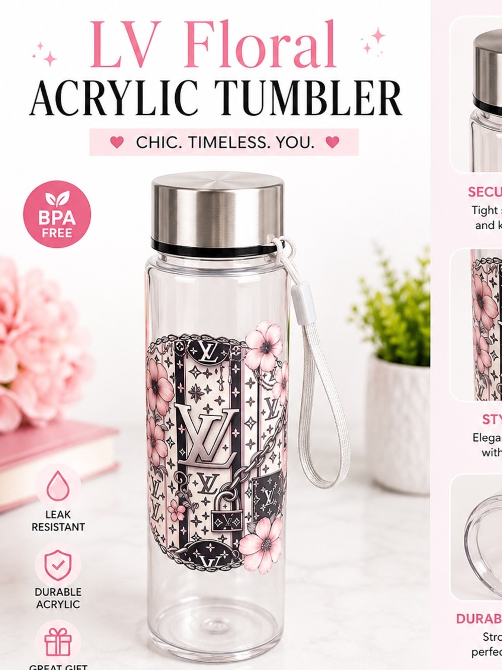 LV Hand Crafted Clear Water Bottle with Pink Floral Motif